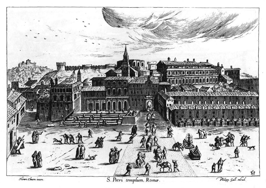 St. Peter's. General view before rebuild. Drawing by Philip Galle from the late 16th century. 