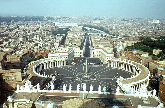 St. Peter's square 
General view before rebuild. Drawing by Philip Galle from the late 16th century. 	 
General view. Drawing by Giovanni Battista Falda from the late 17th century. 	 
Drawing by Giovanni Battista Falda from the late 17th century. 	 
Piazza S. Pietro. Drawing by Giuseppe Vasi from the mid 18th century. 	 
Interior. Drawing by Giovanni Battista Piranesi from the mid 18th century. 	 
Piazza S. Pietro. Drawing by Luigi Rossini from the early 19th century. 	 
View from the Capitoline hill towards St. Peter's. The cupola can hardly be seen. Photograph from 1990. 	 
General view. Photograph from 1976. 	 
The colonnade of the Piazza S. Pietro. Photograph from 1976. 	 
Piazza S. Pietro. Obelisk. Via della Conciliazione. Photograph from 1976. 	 
Piazza S. Pietro. Photograph from 1976. 	 
The colonnade around the Piazza. Photograph from 1990. 	 
The colonnade around the Piazza. Photograph from 1999. 	 
The nave. Baldacchino in the middle. Photograph from 1990. 	 
Photograph from 1990. 	 
Photograph from 1976. 	 
The cupola. Photograph from 1976. 	 
From the roof. Photograph from 1976. 	 
From the roof. Photograph from 1976. 	 
View from the cupola towards the square. Bernini's colonnades. Via della Conciliazione. Photograph from 1976. 	 
Piazza S. Pietro. Photograph from 1976. 	 
St. Peter's. View from the cupola towards the square. Bernini's colonnades. Via della Conciliazione.