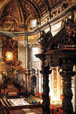 Bernini, Gian Lorenzo, d. 1680 -Title- Basilica di San Pietro -Complex- Vatican -Location- Rome, Italy -Date- 1655-1667 -View- Baldacchino and Cathedra Petri