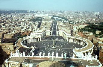 St. Peter's square 
General view before rebuild. Drawing by Philip Galle from the late 16th century. 	 
General view. Drawing by Giovanni Battista Falda from the late 17th century. 	 
Drawing by Giovanni Battista Falda from the late 17th century. 	 
Piazza S. Pietro. Drawing by Giuseppe Vasi from the mid 18th century. 	 
Interior. Drawing by Giovanni Battista Piranesi from the mid 18th century. 	 
Piazza S. Pietro. Drawing by Luigi Rossini from the early 19th century. 	 
View from the Capitoline hill towards St. Peter's. The cupola can hardly be seen. Photograph from 1990. 	 
General view. Photograph from 1976. 	 
The colonnade of the Piazza S. Pietro. Photograph from 1976. 	 
Piazza S. Pietro. Obelisk. Via della Conciliazione. Photograph from 1976. 	 
Piazza S. Pietro. Photograph from 1976. 	 
The colonnade around the Piazza. Photograph from 1990. 	 
The colonnade around the Piazza. Photograph from 1999. 	 
The nave. Baldacchino in the middle. Photograph from 1990. 	 
Photograph from 1990. 	 
Photograph from 1976. 	 
The cupola. Photograph from 1976. 	 
From the roof. Photograph from 1976. 	 
From the roof. Photograph from 1976. 	 
View from the cupola towards the square. Bernini's colonnades. Via della Conciliazione. Photograph from 1976. 	 
Piazza S. Pietro. Photograph from 1976. 	 
St. Peter's. View from the cupola towards the square. Bernini's colonnades. Via della Conciliazione.