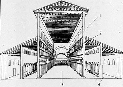 St. Peter- interior Reconstruction of Constantine's church of St. Peter, Rome, c. 400
