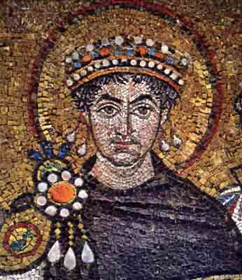 Emeror Justinian and His Attendants, mosaic on the north wall of the apse, Church of San Vitale. 547