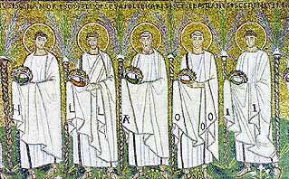 Apollinare-S. Apollinare Nuovo. Mosaics on the south wall, looking west