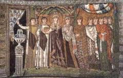 Empress Theodora and Her Attendants, mosaic on south wall of the apse, Church of San Vitale. 547