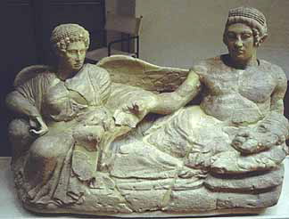 Banqueter and Vanth, Limestone Cinerary Urn, 400 B.C.