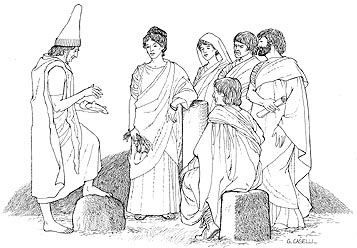 Reconstruction of a divination ceremony. The drawing, elaborating ancient portrayals, reconstructs a scene in which the haruspex, in a ritual pose and with special clothing, interprets an animal liver