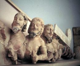 The "Bluebeards," from the pediment of the destroyed Hekatompedon (Acropolis Museum, Athens) c560 BC polychromed limestone