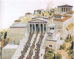 an imaginary bird's-eye view of a ritual Panathenaic procession in honor of their primary goddess Athena