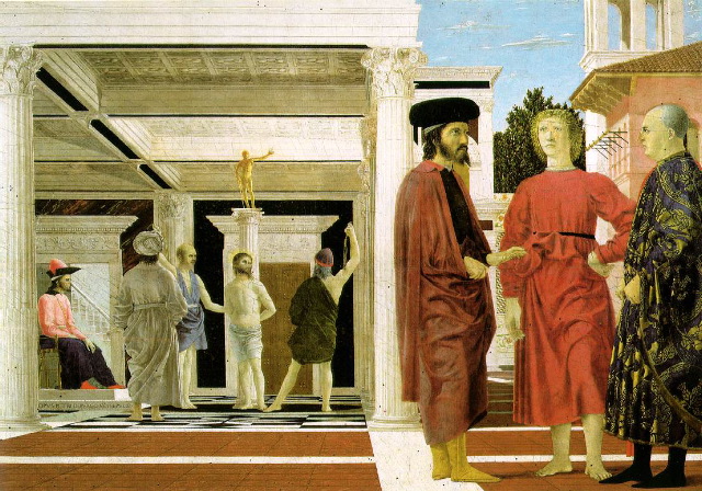 della FRANCESCA-The Flagellation-c. 1455-Oil and tempera on panel, 58.4 x 81.5 cm-Galleria Nazionale delle Marche, Urbino
