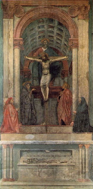 Masaccio-The Holy Trinity with the Virgin, St. John and Two Donors. 1426-28. Fresco. Santa Maria Novella, Florence, Italy...