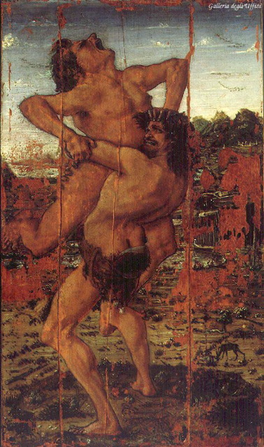 POLLAIOLO-Hercules and Antaeus-c. 1475-Tempera on wood, 16 x 9 cm-Galleria degli Uffizi, Florenc