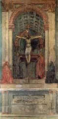 Masaccio-The Holy Trinity with the Virgin, St. John and Two Donors. 1426-28. Fresco. Santa Maria Novella, Florence, Italy...