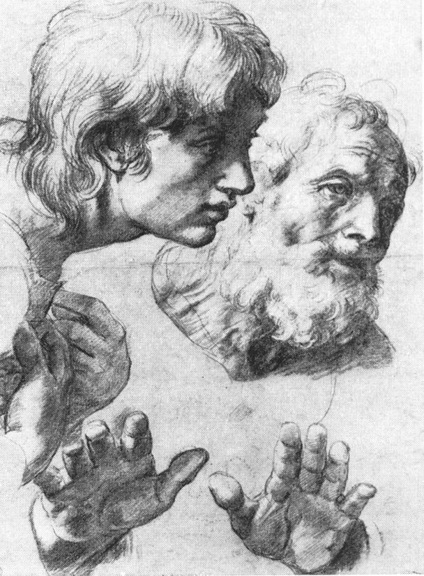 Raphael- Heads and hands of the Apostles--Black chalk, 490 x 360 mm-Ashmolean Museum, Oxford