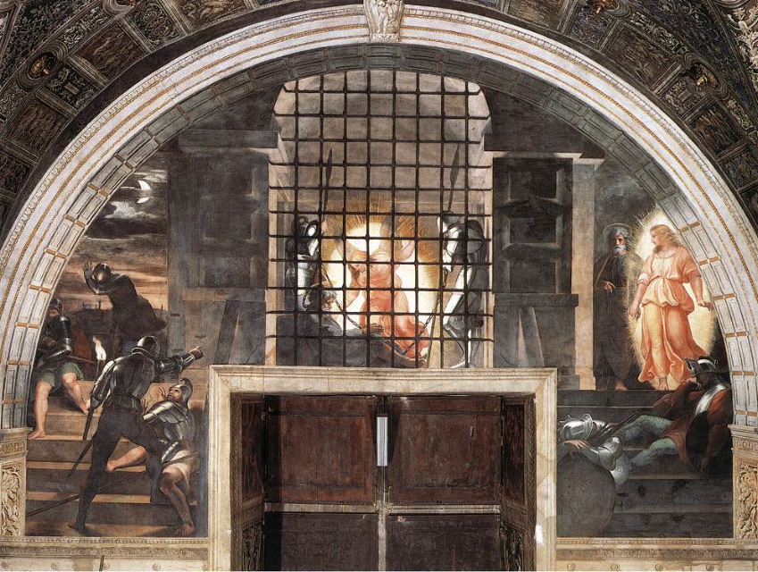 Raphael- The Liberation of St Peter-1514-Fresco, width at base 660 cm-Stanza di Eliodoro, Palazzi Pontifici, Vatican