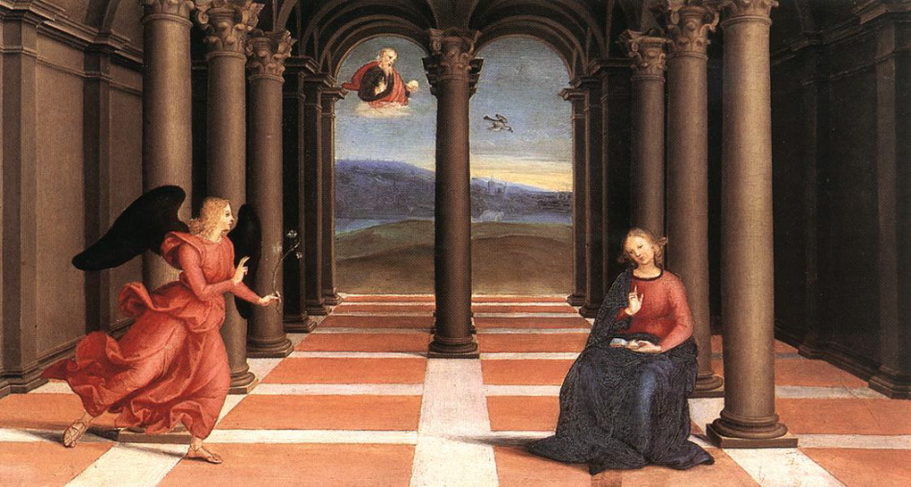 Raphael- The Annunciation (Oddi altar, predella)-1502-03-Oil on canvas, 27 x 50 cm-Pinacoteca, Vatican