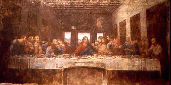 Leonardo da Vinci. Last Supper, wall painting in the Refectory, Monastery of Santa Maria delle Grazie, Milan. Tempera and oil on plaster, 1595-98
