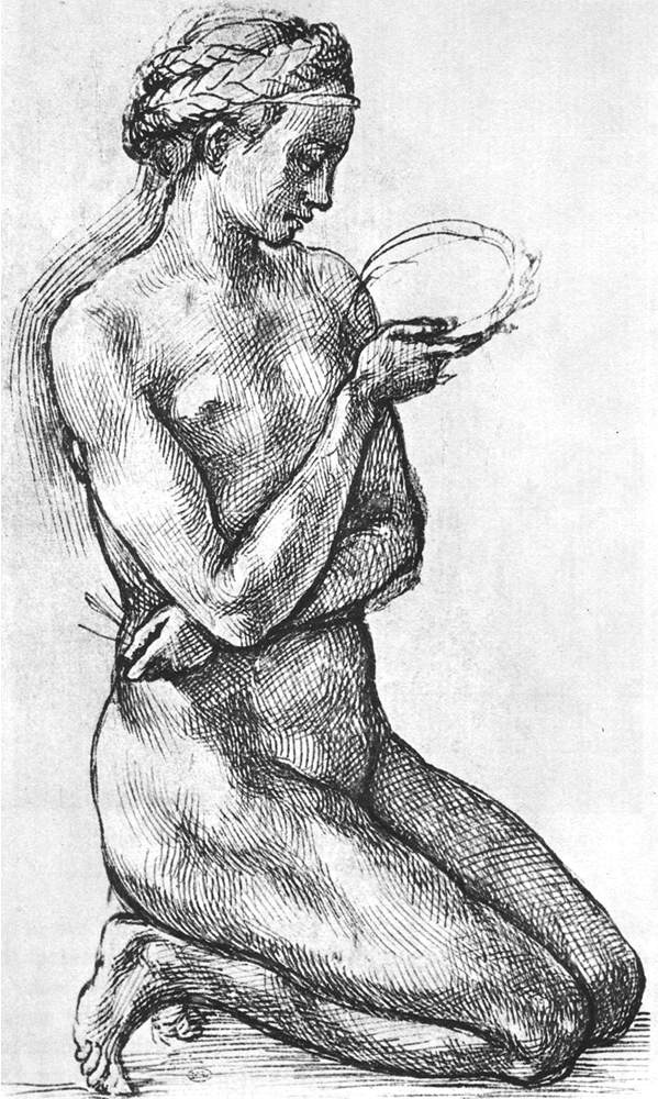 michelangelo- Nude Woman on her Knees-- Chalk-Musée du Louvre, Paris