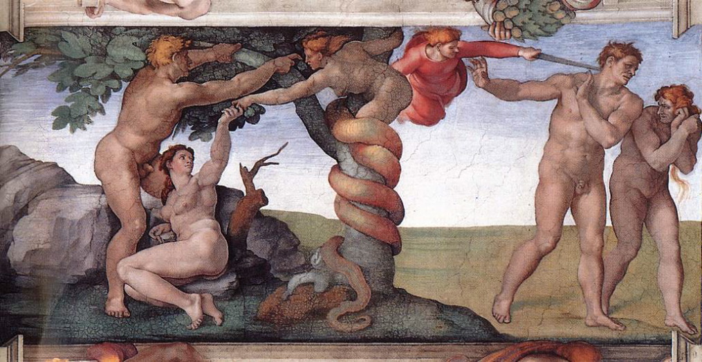 michelangelo- The Fall and Expulsion from Garden of Eden-1509-10-Fresco, 280 x 570 cm-Cappella Sistina, Vatican