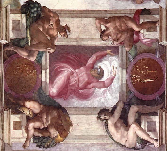 michelangelo- Separation of Light from Darkness (with ignudi and medallions)-1511-Fresco-Cappella Sistina, Vatican-