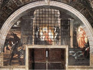 Raphael- The Liberation of St Peter-1514-Fresco, width at base 660 cm-Stanza di Eliodoro, Palazzi Pontifici, Vatican