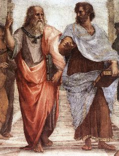 Raphael- The School of Athens (detail of cedntral figures)-1509-Fresco-Stanza della Segnatura, Palazzi Pontifici, Vatican