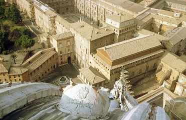St. Peter's.  	 
General view before rebuild. Drawing by Philip Galle from the late 16th century. 	 
General view. Drawing by Giovanni Battista Falda from the late 17th century. 	 
Drawing by Giovanni Battista Falda from the late 17th century. 	 
Piazza S. Pietro. Drawing by Giuseppe Vasi from the mid 18th century. 	 
Interior. Drawing by Giovanni Battista Piranesi from the mid 18th century. 	 
Piazza S. Pietro. Drawing by Luigi Rossini from the early 19th century. 	 
View from the Capitoline hill towards St. Peter's. The cupola can hardly be seen. Photograph from 1990. 	 
General view. Photograph from 1976. 	 
The colonnade of the Piazza S. Pietro. Photograph from 1976. 	 
Piazza S. Pietro. Obelisk. Via della Conciliazione. Photograph from 1976. 	 
Piazza S. Pietro. Photograph from 1976. 	 
The colonnade around the Piazza. Photograph from 1990. 	 
The colonnade around the Piazza. Photograph from 1999. 	 
The nave. Baldacchino in the middle. Photograph from 1990. 	 
Photograph from 1990. 	 
Photograph from 1976. 	 
The cupola. Photograph from 1976. 	 
From the roof. Photograph from 1976. 	 
From the roof. Photograph from 1976. 	 
View from the cupola towards the square. Bernini's colonnades. Via della Conciliazione. Photograph from 1976. 	 
Piazza S. Pietro. Photograph from 1976. 	 
View from the cupola towards Vatican museums. Cappella Sistina.