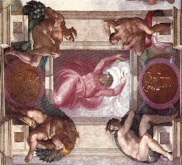 michelangelo- Separation of Light from Darkness (with ignudi and medallions)-1511-Fresco-Cappella Sistina, Vatican-
