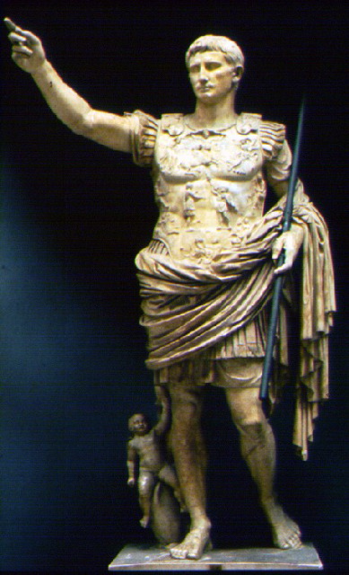 Augustus of Primaporta. Early 1st century CE (pehaps a copy of a bronze statue of 20 BCE). Marble