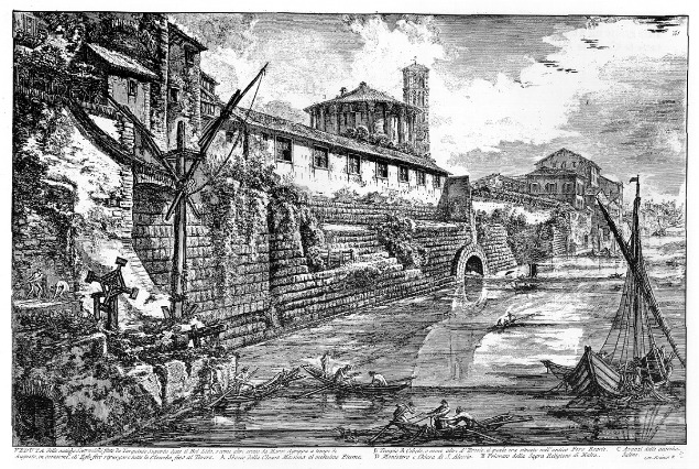Forum Boarium seen from Tiber. The temple of Hercules Victor and Cloaca Maxima. Drawing by Giovanni Battista Piranesi from the mid 18th century. 