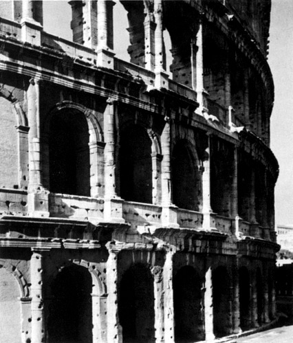 Colosseum: facade was limestone, brick & concrete with marble facing; 3 orders superimposed (Doric, Ionic, Corinthian) 