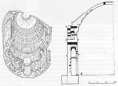 Architectural schematic: L) looking up; R) cut-away; Pantheon, Rome. 125-28 AD