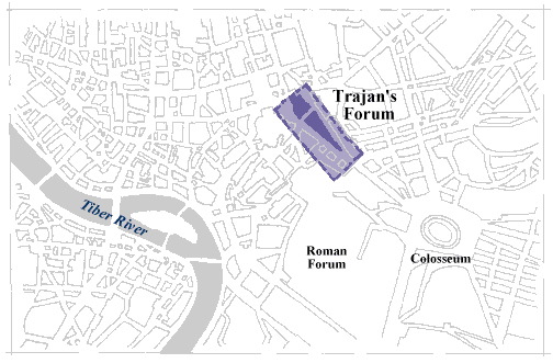 Map of Rome highlighting Trajan's Forum and Market; c.80 AD