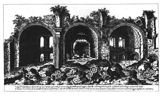 Fragments of the cassette ceiling of the collapsed nave can be seen in the foreground. Drawing by Etienne Du Pérac; mid 16th century. 