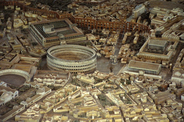 Model of the imperial Rome. Colosseum area from the north. The temple of Claudius in the background, the eastern part of Forum Romanum on the right.