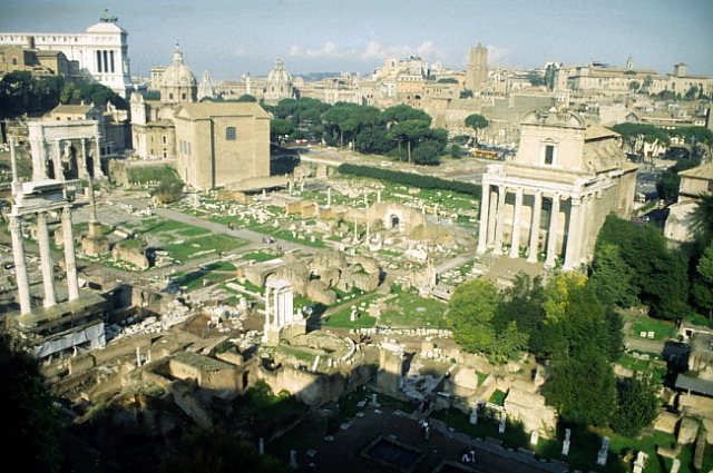 Forum Romanum. View from the Palatine hill; Roman forum, Remnants of the temple of Mars; 50 BC-100AD