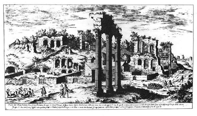 Etching of Roman Forum featuring Columns of Temple of Castor and Pollux on the Roman Forum