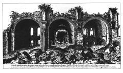 Fragments of the cassette ceiling of the collapsed nave can be seen in the foreground. Drawing by Etienne Du Pérac; mid 16th century. 