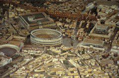 Model of the imperial Rome. Colosseum area from the north. The temple of Claudius in the background, the eastern part of Forum Romanum on the right.