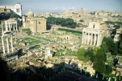 Forum Romanum. View from the Palatine hill; Roman forum, Remnants of the temple of Mars; 50 BC-100AD