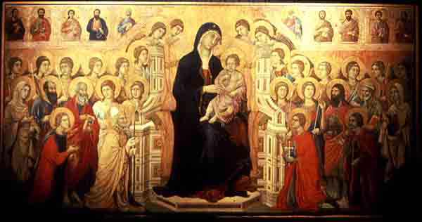 Duccio di Buoninsega. Virgin and Child in Majesty (Maesta), main panel of Maesta Altarpiece, from Siena Cathedral. Tempera and gold on wood, 1308-11