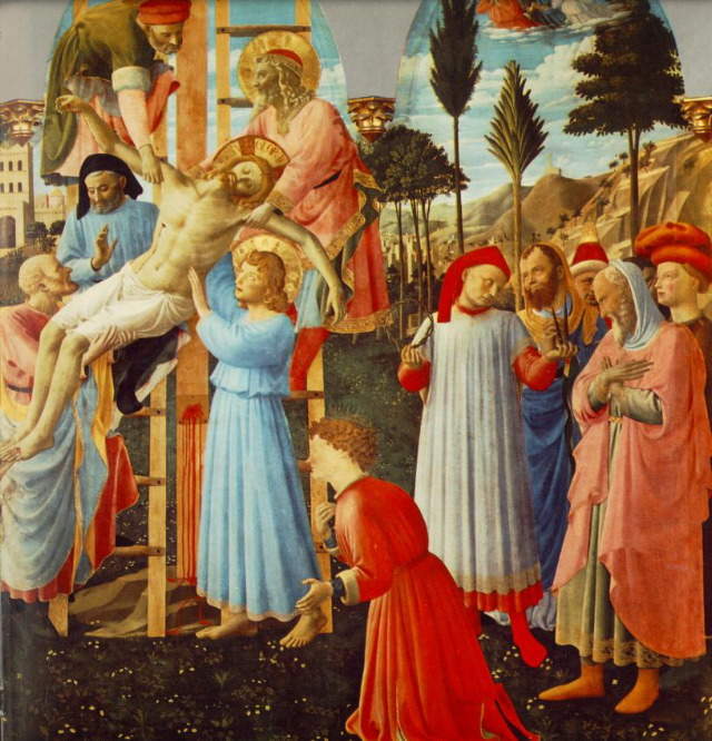 fra angelica-Deposition (Pala di Santa Trinita, detail)-1437-40-Tempera on wood, 176 x 185 cm (full painting)-Museo di San Marco, Florence