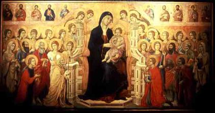 Duccio di Buoninsega. Virgin and Child in Majesty (Maesta), main panel of Maesta Altarpiece, from Siena Cathedral. Tempera and gold on wood, 1308-11