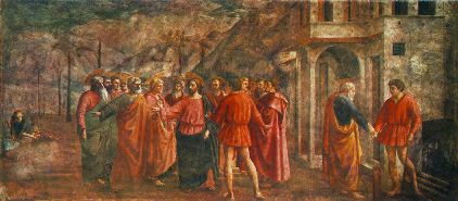 MASACCIO-Tribute Money-1426-27-Fresco, 255 x 598 cm-Cappella Brancacci, Santa Maria del Carmine, Florence-