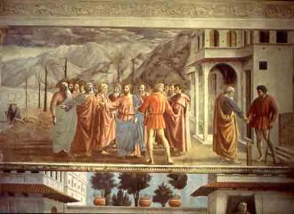 Masaccio. Tribute Money, fresco in the Brancacci Chapel