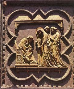 Pisano, Andrea -Naming of the Baptist (panel of the south doors)-1330-Gilded bronze-Baptistry, Florence