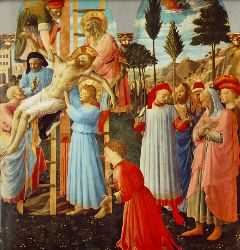 fra angelica-Deposition (Pala di Santa Trinita, detail)-1437-40-Tempera on wood, 176 x 185 cm (full painting)-Museo di San Marco, Florence