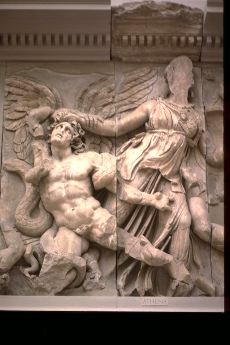 Great Altar of Zeus - Pergamon Altar:  Athena seizing the Giant Alcyoneos by the hair;detail of E. frieze - ca. 180-175 B.C. marble