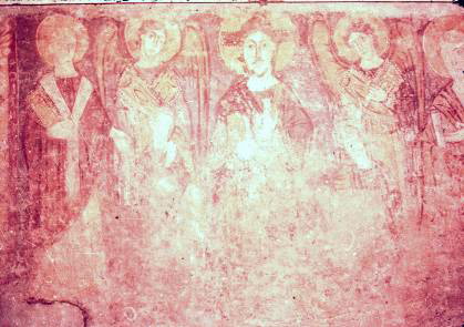Fresco of Last Judgement. Michael and Andrew (or Cyril) are on the right, and Gabriel and Clement (or Methodius) on the left. 9th c. A.D. (Rome- Saint Clement). Style reflects Byzantine influence in Italy