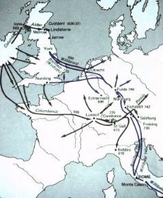 Grey arrows indicate Irish missions 560-670. The purple arrows the Anglo-Saxon missions of 690-760