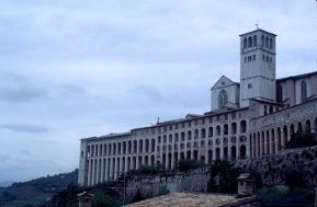 San Francesco view from southeast. -Monastry supported by slender arch, a bell tower and a trancept. -